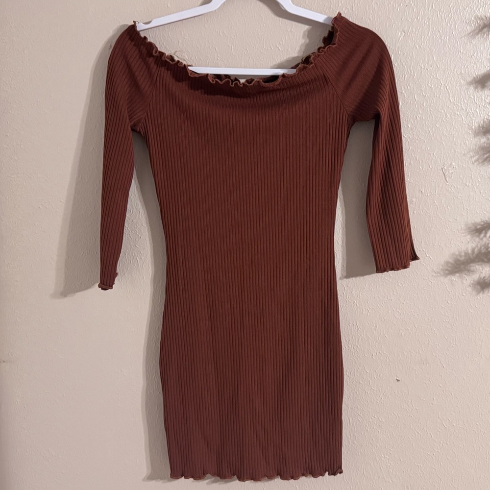 Iris Brown Ribbed Off-Shoulder Dress